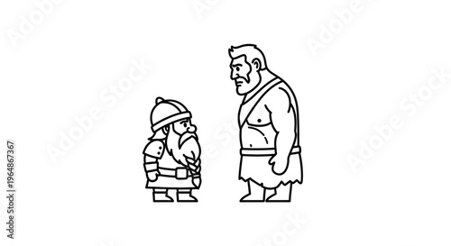Contrasting fantasy characters: a small dwarf adventurer stands facing a formidable giant figure,