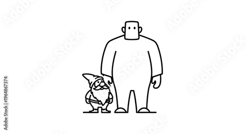 A charming minimalist line art illustration depicting a small bearded gnome beside a towering