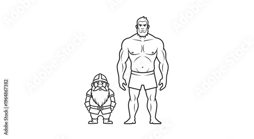 Fantasy character size comparison: stout bearded dwarf beside a muscular heroic man illustration