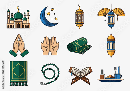 Ramadan Kareem and Eid Mubarak Islamic Icon Set: Mosque, Lantern, Quran, Prayer Rug, and Traditional Symbols for Religious Design