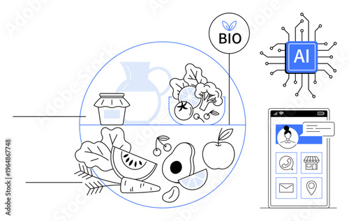 Healthy lifestyle, organic choices, AI technology, food tracking, nutritional data, mobile apps. Mix of food items, bio labels AI chip and smartphone. Healthy lifestyle and organic choices concept