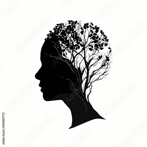 Abstract graphic illustration depicting a human head profile with a tree growing, symbolizing mental growth, organic thought, and the intrinsic connection between mind and nature