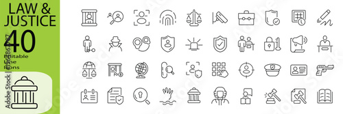 Law & Justice icon set. Editable stroke.