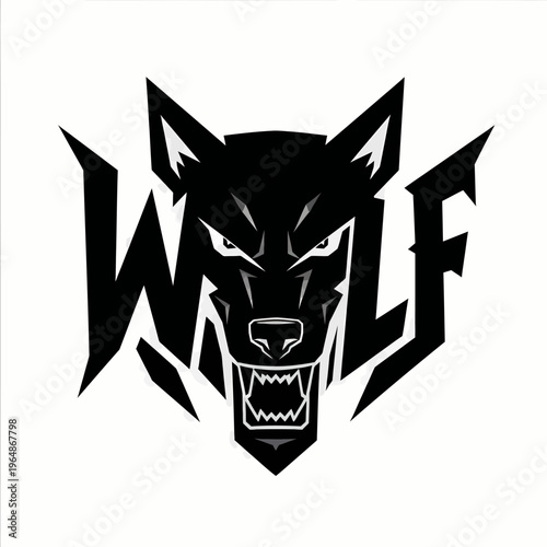 Dynamic black and white wolf head graphic illustration with integrated wordmark, embodying strength and fierce determination for modern branding and team emblems