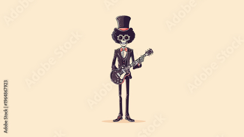 Charming animated skeleton character in a dapper top hat and suit, skillfully playing an electric guitar, creating a unique and entertaining musical performance illustration