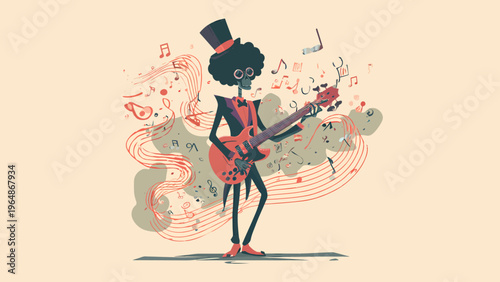 Skeleton with Afro and Top Hat Playing Guitar with Musical Notes Floating Around