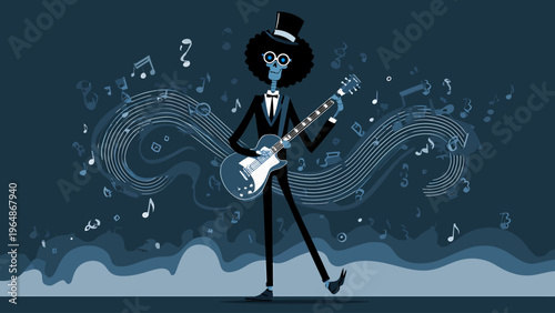 Groovy skeleton musician in a classy suit and top hat strums an electric guitar, surrounded by a captivating wave of dynamic musical notes and sound