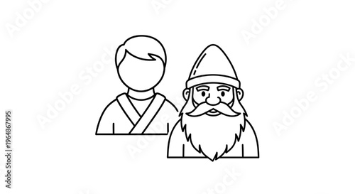 Clean line art duo portraying a modern figure alongside a whimsical fantasy character icon design