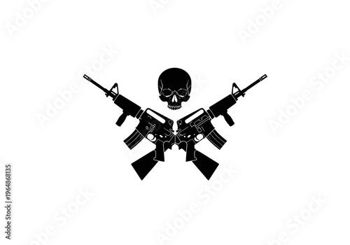 Tactical Military Symbol with Crossed AR-15 Assault Rifles and Human Skull Silhouette Vector Illustration