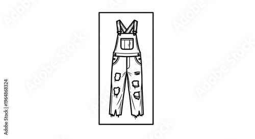 Detailed black line art illustration of classic distressed denim overalls with ripped knees and