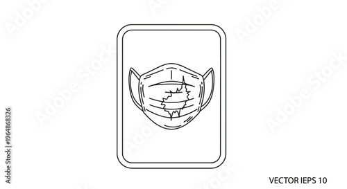 Outline drawing of a damaged disposable medical face mask within a rounded rectangular frame