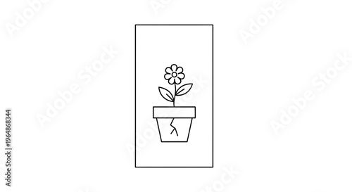 Simple line illustration of a flower growing in a fragile cracked pot symbolizing resilience and