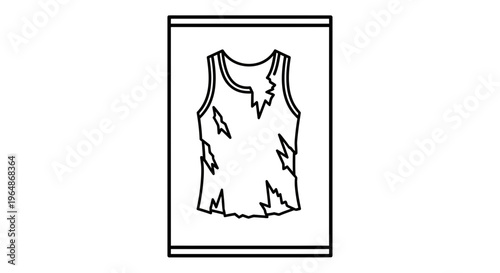 Monochrome graphic depiction of a heavily tattered and dilapidated sleeveless garment in a frame