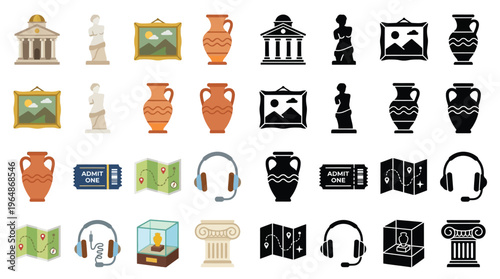 Collection of museum icons featuring buildings, statues, artwork, pottery, tickets, maps, and audio guides in both color and silhouette.