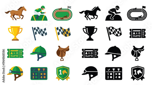 Collection of horse racing icons, featuring horses, jockeys, tracks, trophies, flags, helmets, saddles, and scoreboards in both colorful and silhouette styles.