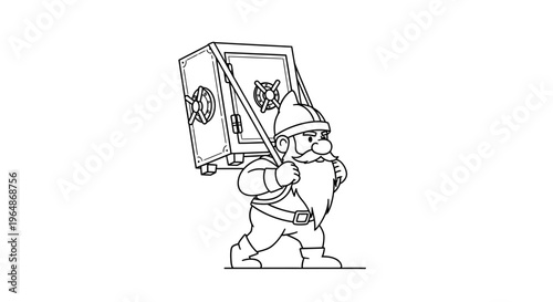 A determined cartoon gnome illustration meticulously carrying a heavy security safe on his back