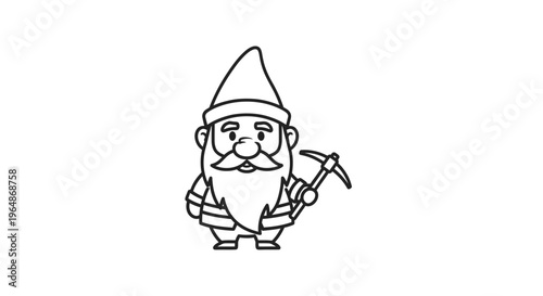 Charming outline illustration of a friendly garden gnome holding a trusty pickaxe for adventure
