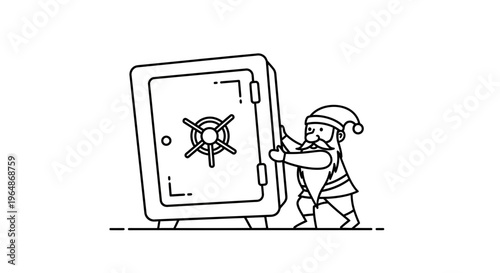 A diligent bearded character exerts force to move a formidable secure vault, embodying financial