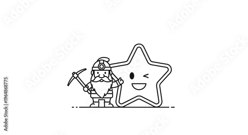 Charming monochrome miner character with pickaxe beside a friendly winking star illustration
