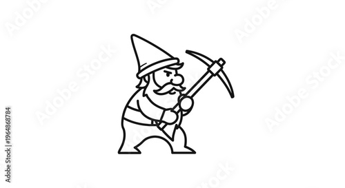 Simple line drawing of a determined gnome character wielding a pickaxe, ready for a day of