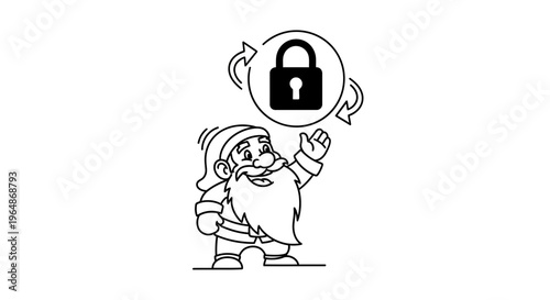 Whimsical gnome character presenting a rotating padlock security update concept illustration