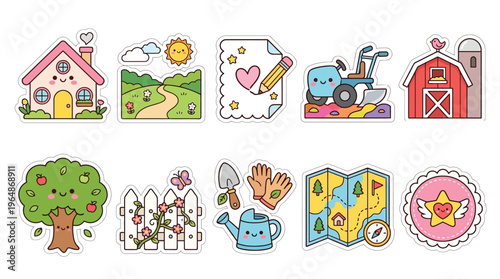 A collection of cute, kawaii-style illustrations featuring farm and garden elements, including a house, barn, tractor, tree, and gardening tools.