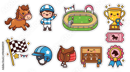 A charming collection of cute cartoon horse racing elements, including a jockey, horse, racetrack, trophy, and racing flag.