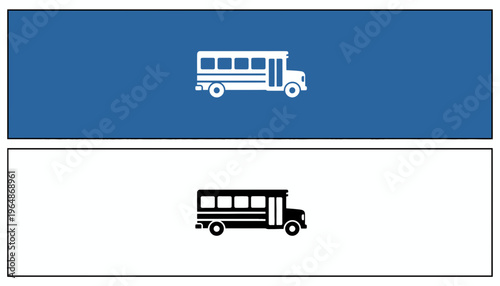 School Bus Icon Set: White on Blue and Black on White