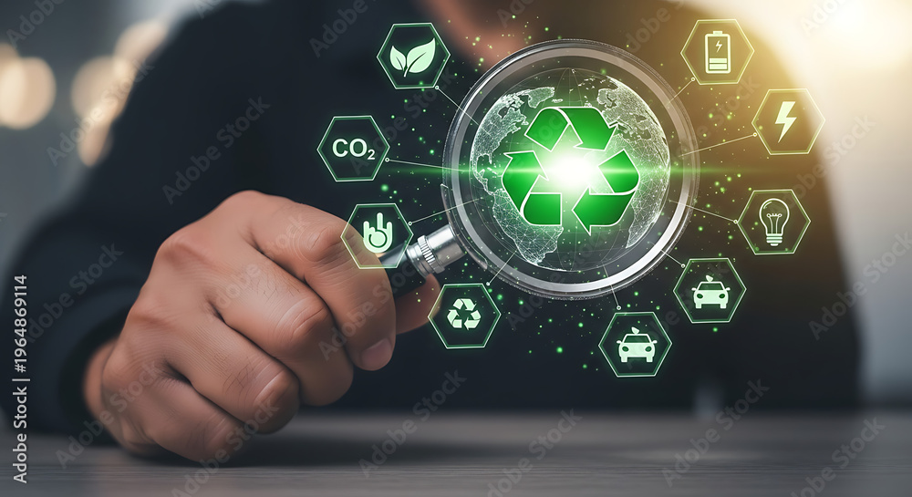 Fototapeta premium Person holding a magnifying glass analyzing green recycling and sustainability icons for environmental conservation and corporate social responsibility in a futuristic digital world concept