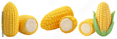 Vibrant 3d Pastel Yellow Corn Cobs and Cut Sections Isolated