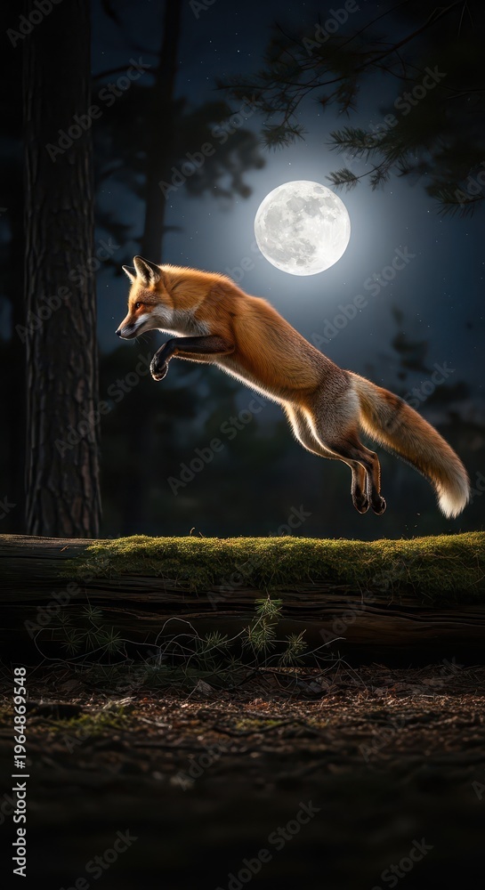 Naklejka premium Vibrant wild canine leaps across a mossy log under a brilliant full moon in a dark forest setting