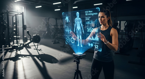 A woman in a gym with a digital interface projected in front of her