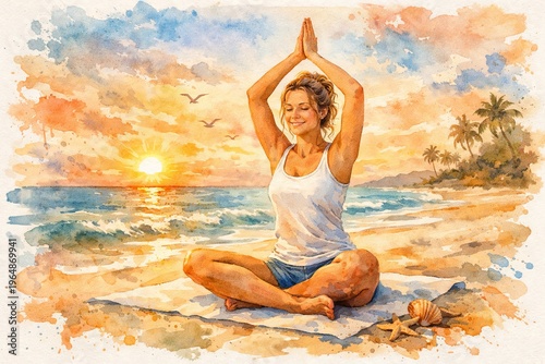 Woman practicing yoga on tropical beach at sunset. Watercolor illustration of girl meditating in lotus pose by ocean