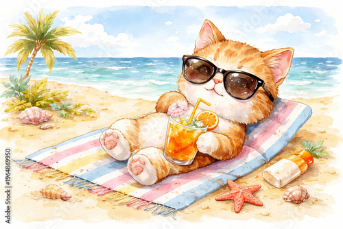 Watercolor illustration of cute ginger kitten relaxing on beach towel with juice and sunglasses. Summer vacation and travel concept. Adorable cat sunbathing by ocean shore. Joyful holiday vibes