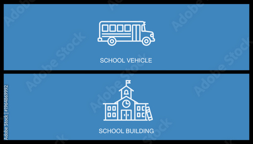 School Bus and School Building Icons on Blue Background