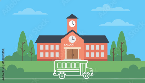 School building with clock tower and school bus, educational institution, back to school concept, cartoon style