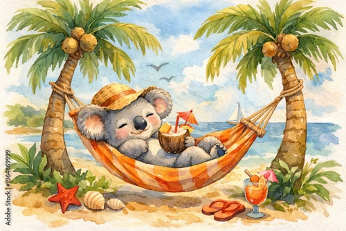 Koala resting in a hammock between palm trees on a tropical beach. Watercolor illustration of a cute animal on vacation, relaxing with a tropical drink. Sunny seaside summer holiday travel concept