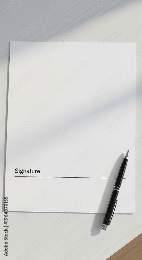 Naklejka premium Blank document with signature line and black pen on white desk surface. concept of office supplies, professional paperwork, business signing.