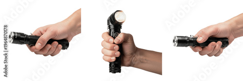 Hand holding various professional LED flashlights and tactical torches, set of portable lighting devices isolated on white background
