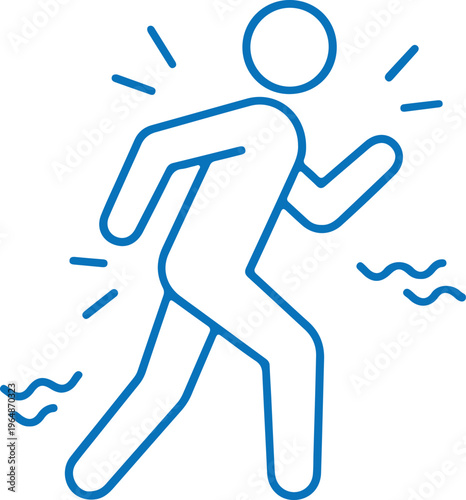 A vibrant blue stick figure icon capturing the dynamic essence of a person in motion representing the concept of speed energy and active movement as the stylized character appears to be sprinting forw