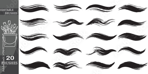 Editable eyebrow brushes, 20 black makeup brushes, vector illustration set