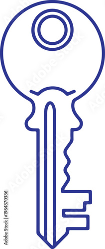 A detailed close up depiction of a classic metallic house key rendered in a simple bold dark blue outline style showcasing the typical circular bow head with a central hole for ring attachment and a s