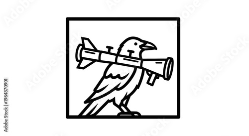 Raven holding a rocket launcher, black and white illustration, symbol of aggression or power