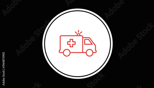 Red Ambulance Icon with Cross on White Circle, Emergency Medical Service Vehicle Symbol