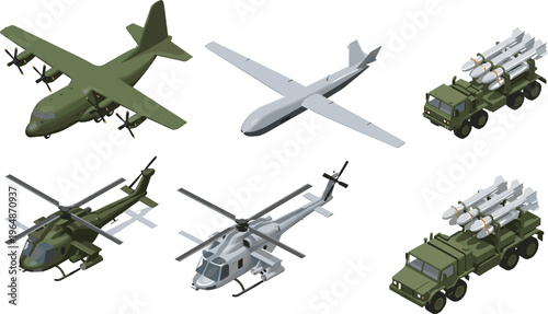 WebCollection of isometric military vehicle and aircraft illustrations featuring transport planes, drones, missile launchers, helicopters, and defense equipment for warfare technology artwork