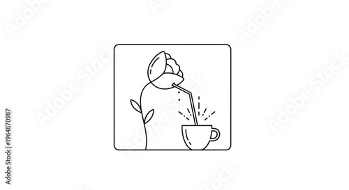 Rose flower drinking from a cup with a straw, minimalist line art icon