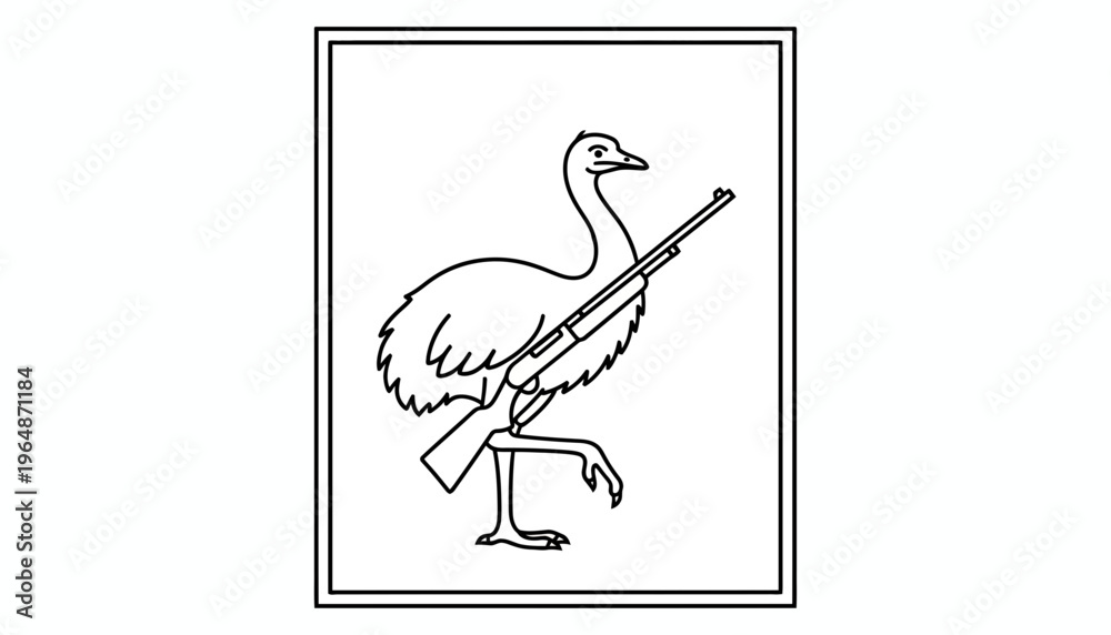Fototapeta premium Ostrich with Shotgun, Hunting, Aggressive Bird, Cartoon Style