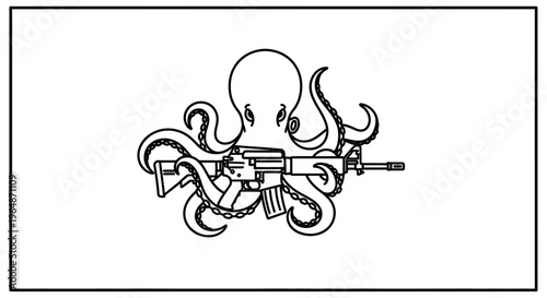 Octopus holding assault rifle, surreal concept, military, marine life, abstract art