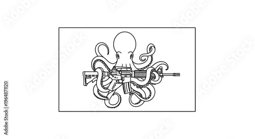 Octopus Holding Assault Rifle, Surreal Marine Creature with Weapon, Tentacle Power