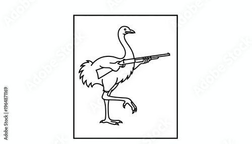 Ostrich Holding Rifle, Cartoon Style, Funny Animal Illustration